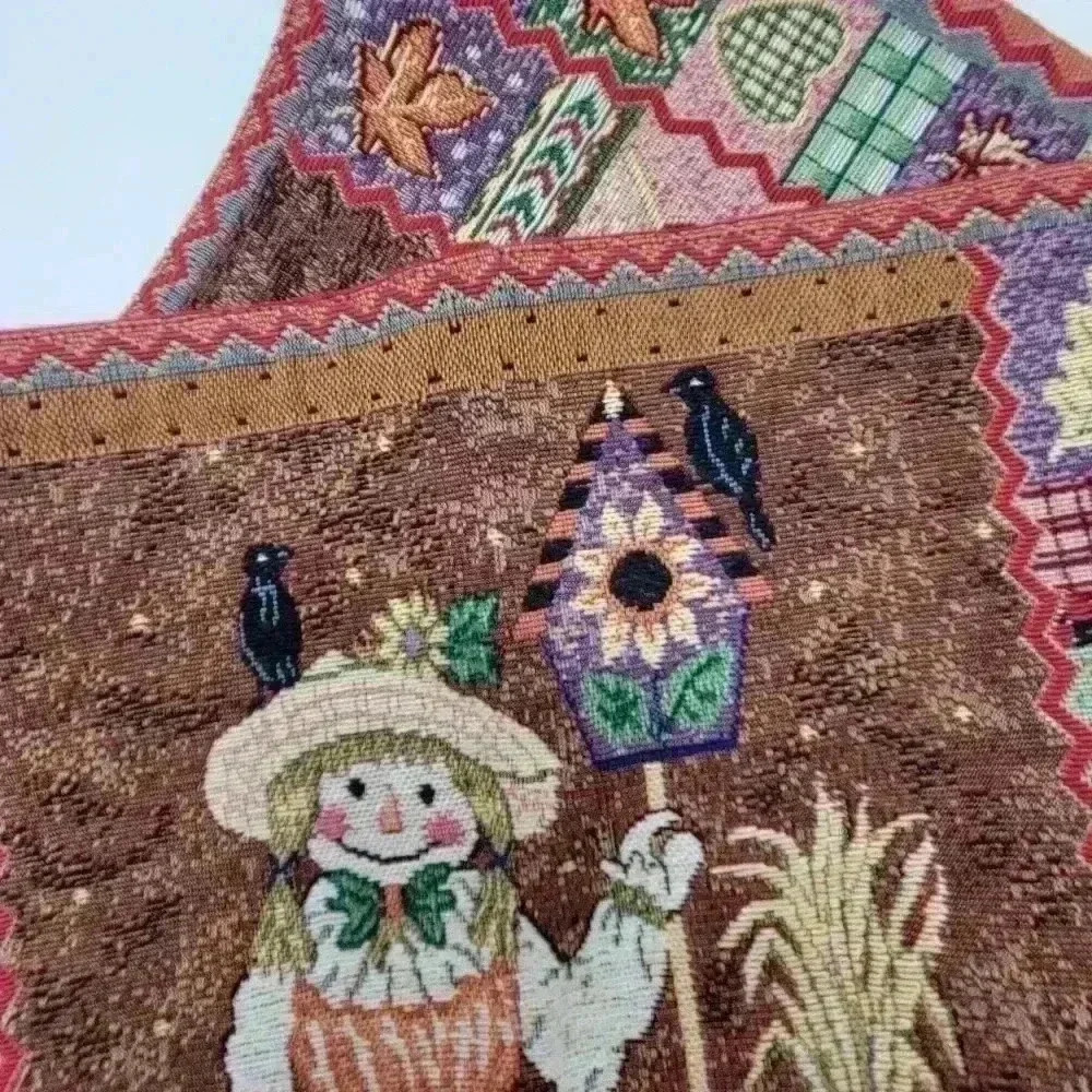 VTG Set of 2 Fall Tapestry Placemats Happy Scarecrow Pumpkins Crows Birdhouses - Picture 9 of 9